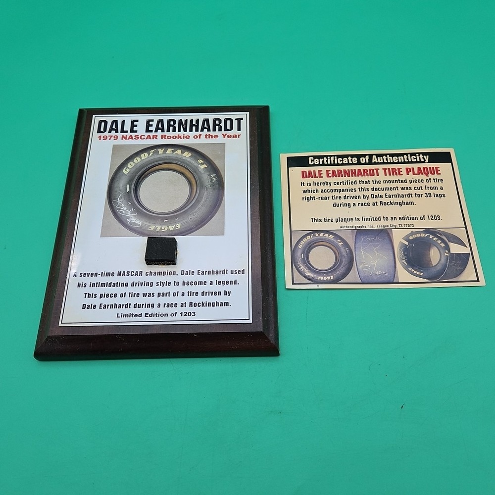 Dale Earnhardt Tire Plaque Limited Edition Rockingham Nascar Race COA Vintage